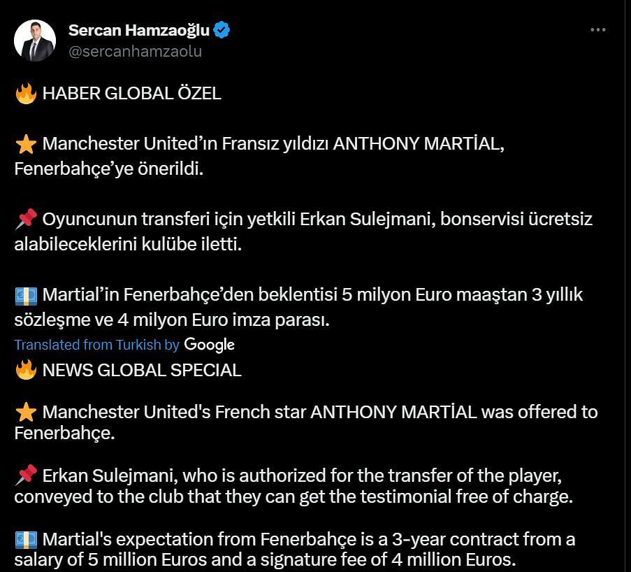 Sercan Hamzaoglu's post regarding Anthony Martial's future
